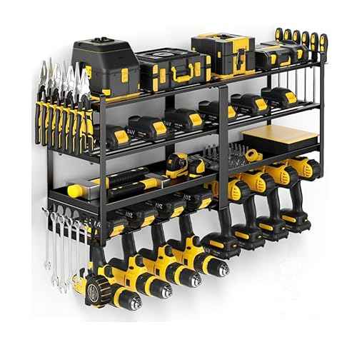 Garage Power Tool Storage System, Wall Mounted Power Tool Storage Organizer, Heavy Duty Power Tool Organizer, Power Tool Rack. Load capacity is 150 lbs, black rust resistant with 8 hooks.