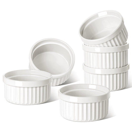 LE TAUCI Ramekins 6 OZ, Ceramic Souffle Dishes, Oven Safe Custard Cups for Baking, Creme Brulee, Pudding, Dessert, Microwave & Dishwasher Safe, Set of 6, White