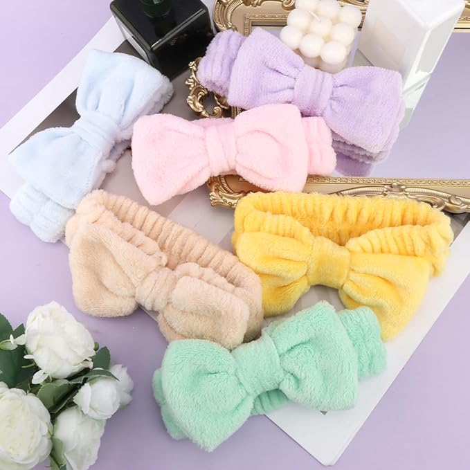 SPA Headbands for Washing Face Makeup Headbands with Bow Laurel Hair Band Women Facial Head Band Wrist Towel Wraps For Shower Face Mask Blue Pink Purple Yellow Green, 6 Pack