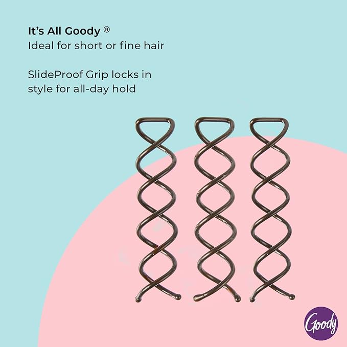 Goody SlideProof Mini Spin Pins - 3 Ct, Assorted Colors, Spiral Hair Pins, Quick & Easy Buns, All-Day Twist Pins, Corkscrew Bobby Pins, Pain-Free Hair Accessories for Women & Men, All Hair Types