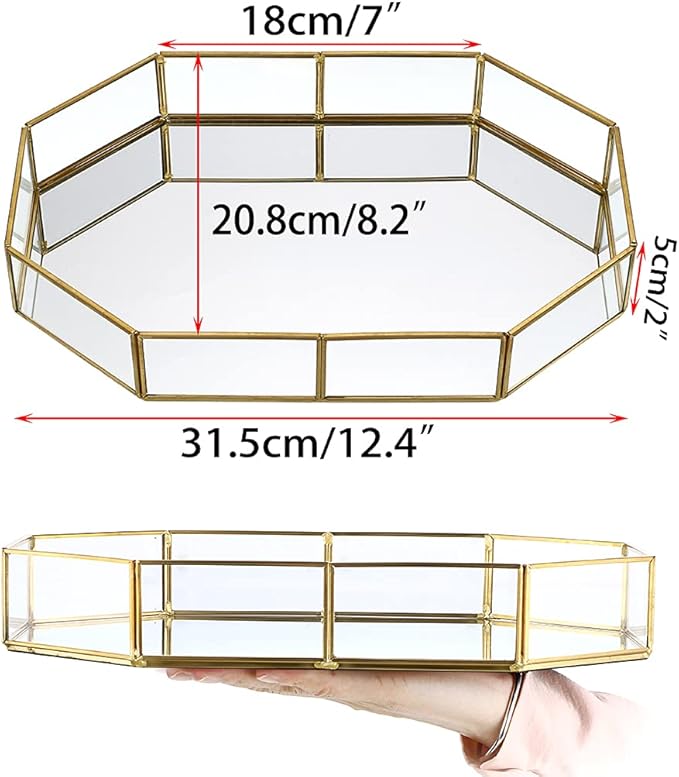 Hipiwe Gold Perfume Tray - Glass Mirror Makeup Tray Ornate Vanity Tray Dresser Tray Jewelry Trinket Organizer Tray for Bathroom Storage Tray for Home Decor,12.4"x 8.5"