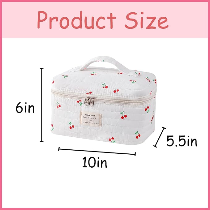 uekeboag Large Travel Quilted Makeup Bag for Women, Floral Cotton Cosmetic Bag, Coquette Aesthetic Floral Toiletry Organizer Bag