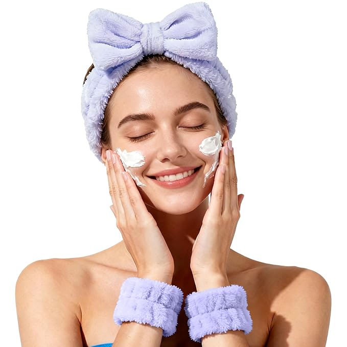Fmeida Skincare SPA Headband Washing Face Wrist Bands Makeup Headbands Purple, 3 Pack
