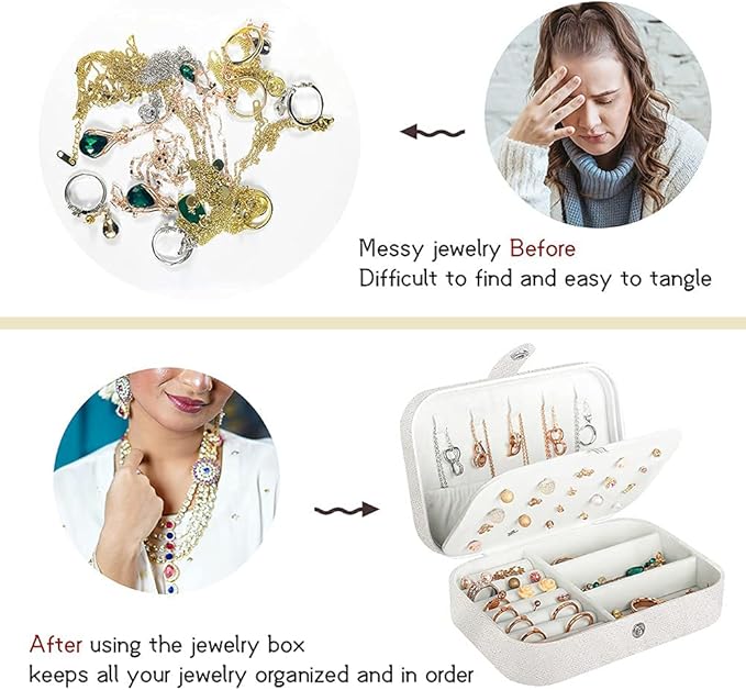 Hatori Travel Jewelry Box, PU Leather Small Jewelry Organizer for Women Girls, Portable Mini Travel Case Display Storage Holder Boxes for Stud Earrings, Rings, Necklaces, Bracelets (Glitter White)