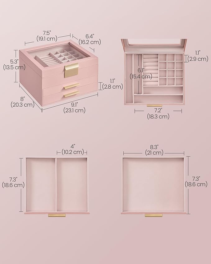 SONGMICS GISELLA Collection - Jewelry Box Organizer, 3-Layer Jewelry Storage with 2 Drawers, Shiny Metal Hardware, Glass Lid, Modern, 8 x 9.1 x 5.3 Inches, Jelly Pink and Gold Color UJBC239SA01S