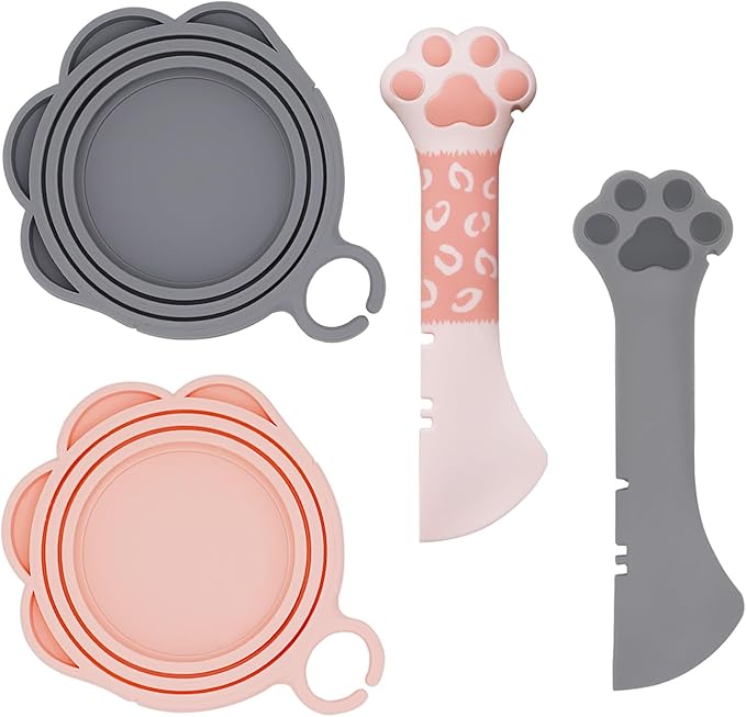 SJANE 4 Pcs Cat Food Spoon & Can Covers | Cute Paw Silicone Pet Food Opener Spatula & Lids | Stainless Steel Wet Food Spoon for Cats and Dogs (Pink+Grey)