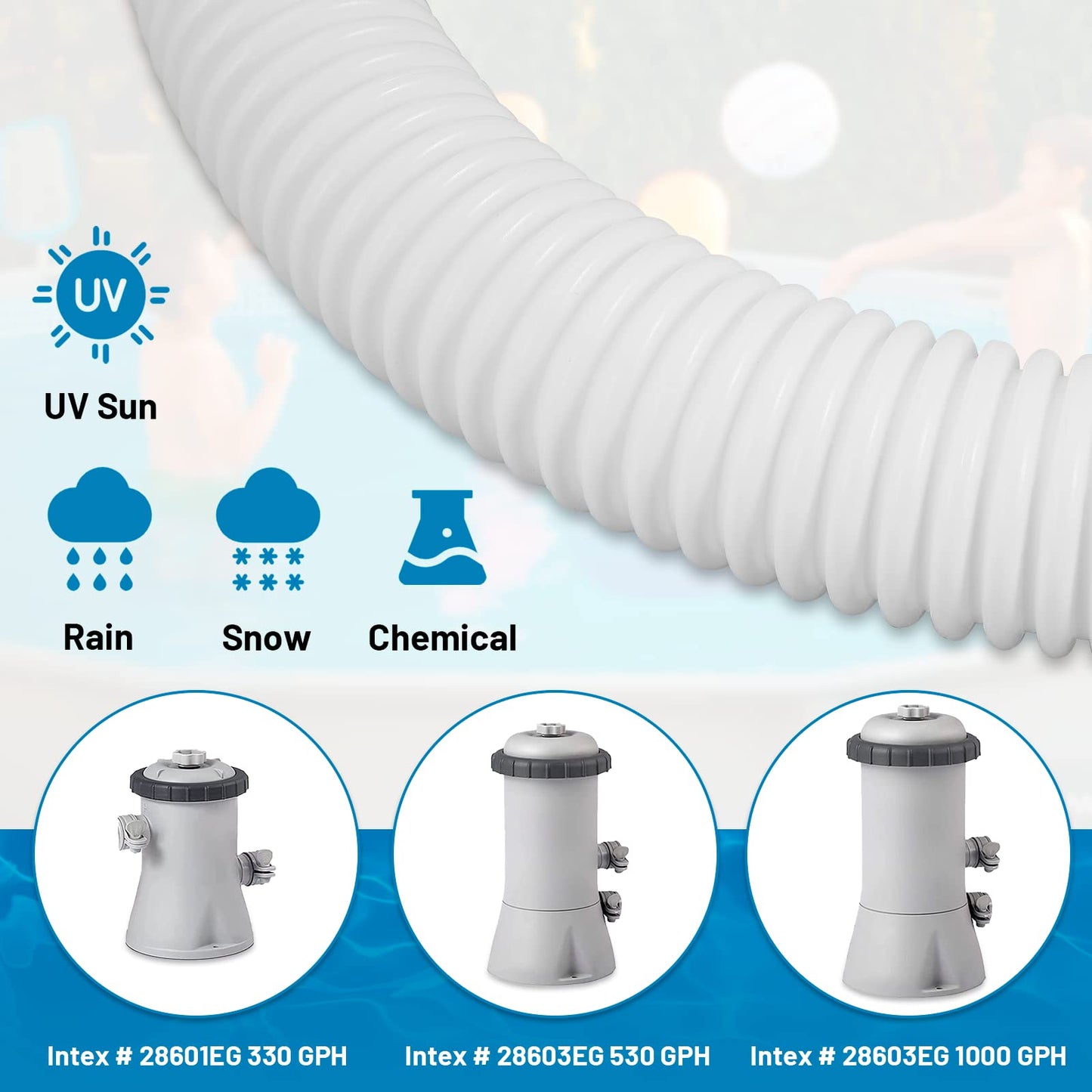 IDEASURE 1.25" x 59" Pool Hoses for Above Ground Pools - Pool Pump Replacement Hose Compatible with In tex Pump Model #607/#637, 2 Pack with 4 Hose Clamps