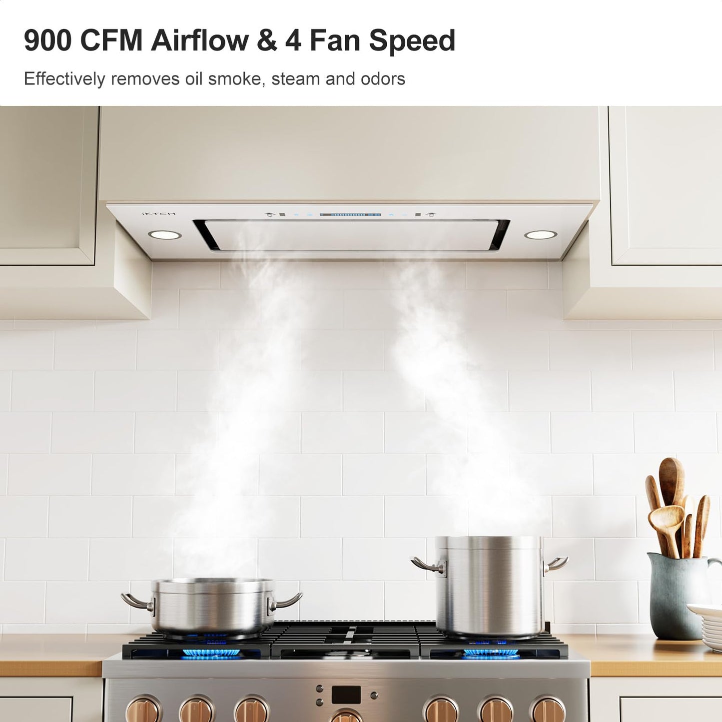 IKTCH New 36" Range Hood Insert, 900 CFM Ducted/Ductless Range Hood with 4 Speed Fan, White Stainless Steel & Tempered Glass Range Hood 36 inch with Gesture Sensing&Touch Control Making life Smarter