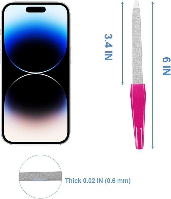 Metal Nail Files with Sharp Pointed Tip Made of Stainless Steel Non Slip Handle, Nail File Double Sided Sapphire Grit for Natural Nails Fingernails limas de uÃÂ±as metÃÂ¡licas Color Pink (6 Pcs)