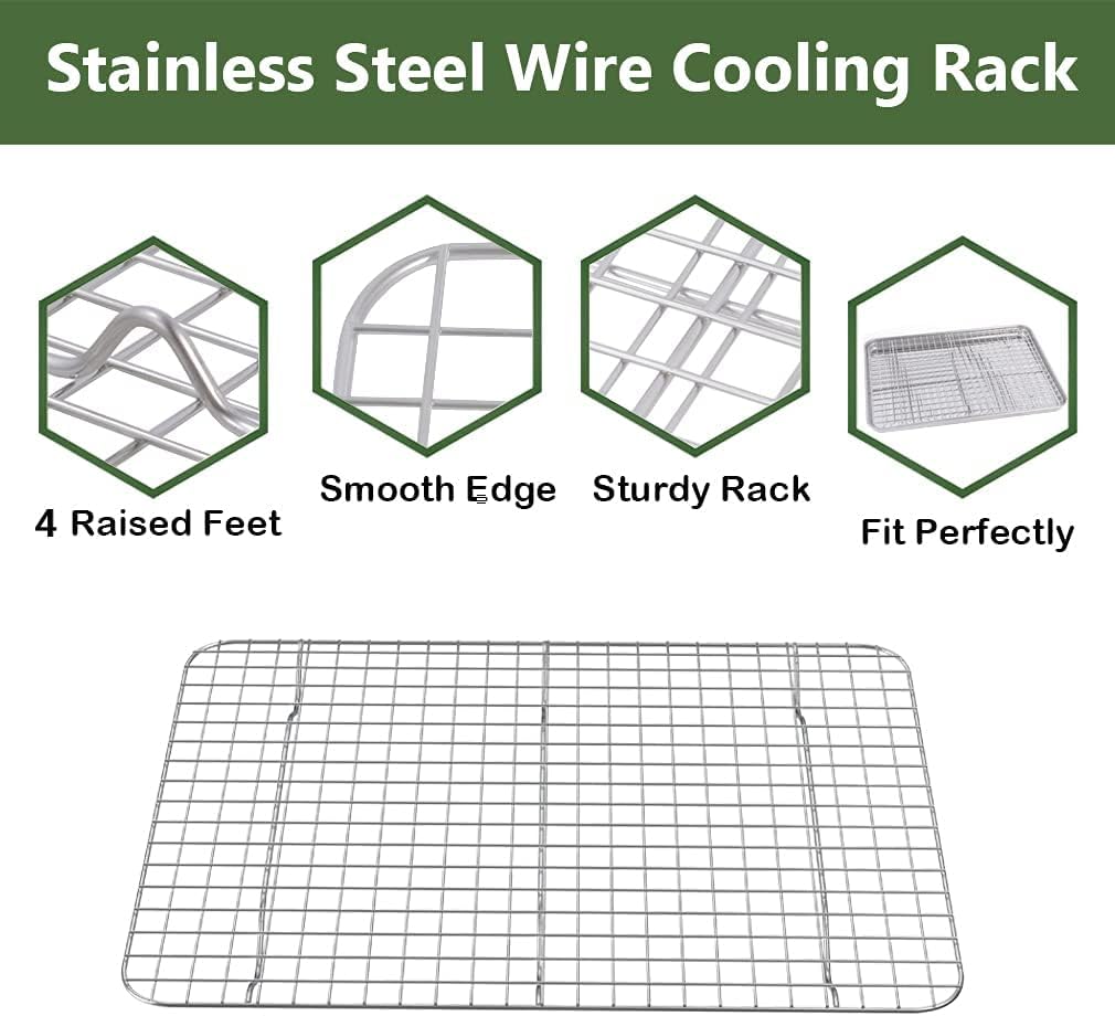 ROTTAY Quarter Baking Sheet Pan with Wire Rack Set [2 Pans + 2 Racks], Stainless Steel Cookie Sheet for Oven, Warp Resistant & Heavy Duty & Rust Free, Size 12 x 10 x 1 Inches