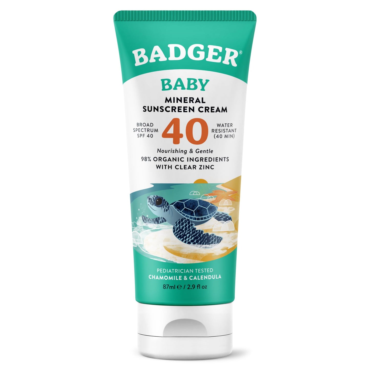 Badger Mineral Baby Sunscreen Cream SPF 40, 98% Organic Toddler Sunscreen with Zinc Oxide, Broad Spectrum, Reef Safe, Water Resistant, Pediatrician Tested Baby Sunblock for Sensitive Skin, 2.9 fl oz