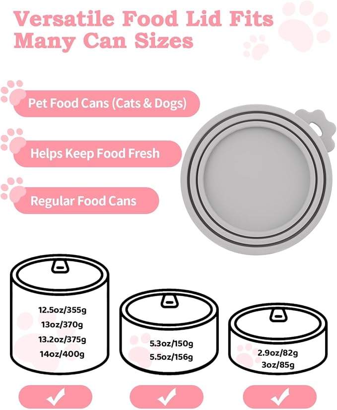 6 PCS Cat Food Can Covers Lids Set, Multi-Function Cat Food Spoon & Silicone Storage Lids with Opener, Cat Bar Squeezer, Stainless Steel Wet Food Spoon for Feeding, Storage and Cats & Dogs (Grey)