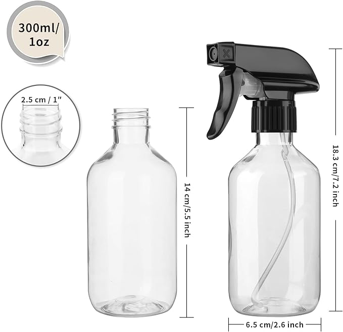 Arkeiliy 2-Pack Leakproof Spray Bottles (300ml/10oz) - Adjustable Nozzle for Fine Mist & Jet Stream | Premium Refillable Plastic Bottles for Hair Styling, Plant Misting, Cleaning Solutions (C+B)