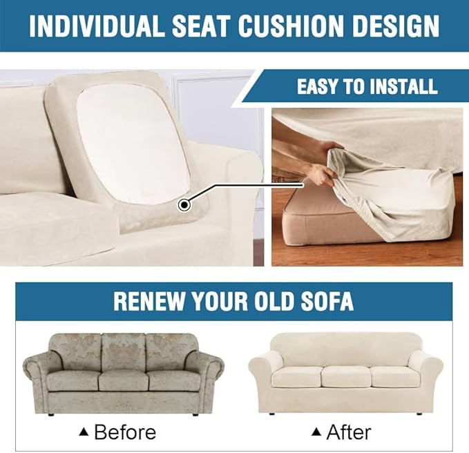 H.VERSAILTEX 3 Piece Stretch Sofa Covers Couch Covers for 2 Cushion Couch Loveseat Covers Width Up to 72 Inch Feature Thick Soft Stay in Place (Medium Sofa, Cream)