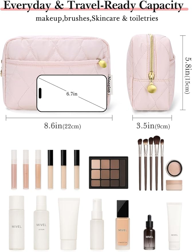 Noozion Makeup Bag Travel Toiletry Bag, Puffy Padded Cosmetic Bag for Women, Makeup Organizer Case, Wide-open Pouch Purse, Travel Essentials
