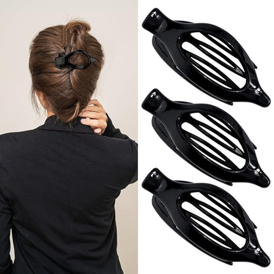 Black Hair Barrettes - Alligator Claw Clips, 3 French Lay Down Duck Billed Clips for Thin Hair