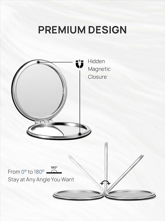 OMIRO 1X/10X Compact Magnifying Mirror, Unique Painting Pocket Mirror with Classical PU Leather (Round, Black Cat)