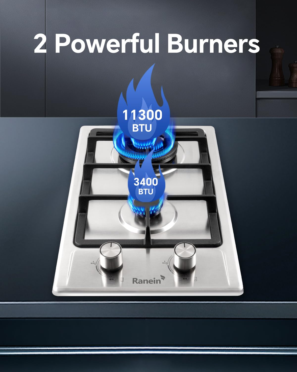 Ranein 12 Inch 2 Burner Gas Cooktop, NG/LPG Convertible Gas Stove Top, 304 Stainless Steel with Thermocouple Flameout Protection for Kitchens, Apartments, RVs