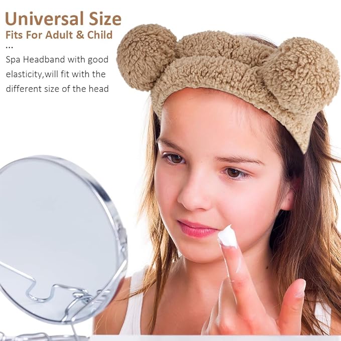 AHONEY Spa Bear Ears Headband, Face Wash Wristband Set, Cute Makeup Skincare Headbands Wrist Bands for Washing Face Elastic Fluffy Headband for Women Girls Cosmetic (Khaki)
