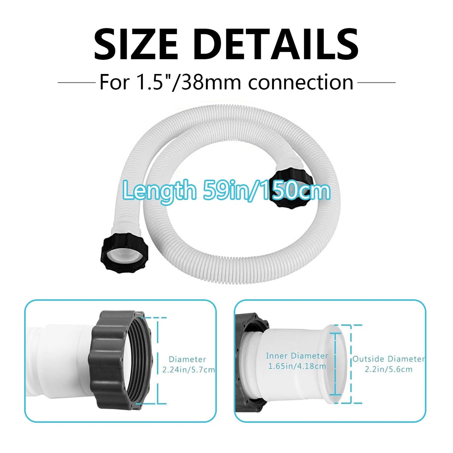 2-Pack 1.5-Inch Diameter Pool Hoses, 59-Inch Replacement Hoses Compatible with Above Ground Pool Pumps, Fits 1500 to 2500 GPH Filter Pumps, Sand & Saltwater System