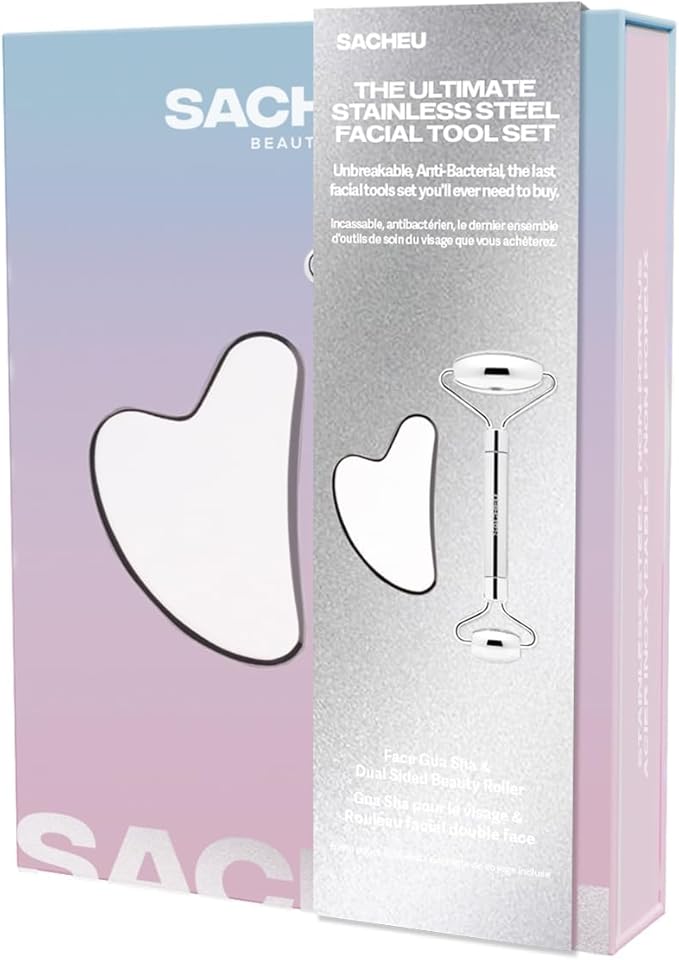 Sacheu Gua Sha Facial Tools Stainless Steel Muscle Scraper Bundle — Metal Face Roller & Gua Sha for Enhanced Lymphatic Drainage, Metal Face Sculpting Tool with Travel Pouch