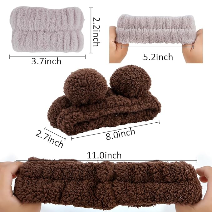 AHONEY Spa Bear Ears Headband, Face Wash Headband and Wristband Set, Cute Makeup Skincare Headbands Wrist Bands for Washing Face Fluffy Headband for Women Girls Elastic Hair Band (Brown)