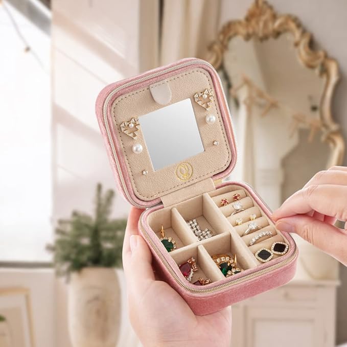 Plush Velvet Travel Jewelry Case, Travel Jewelry Organizer, Jewelry Travel Case, Travel Jewelry Box, Small Jewelry Case for Women, Jewelry Travel Box, Earring Organizer with Mirror - Pink
