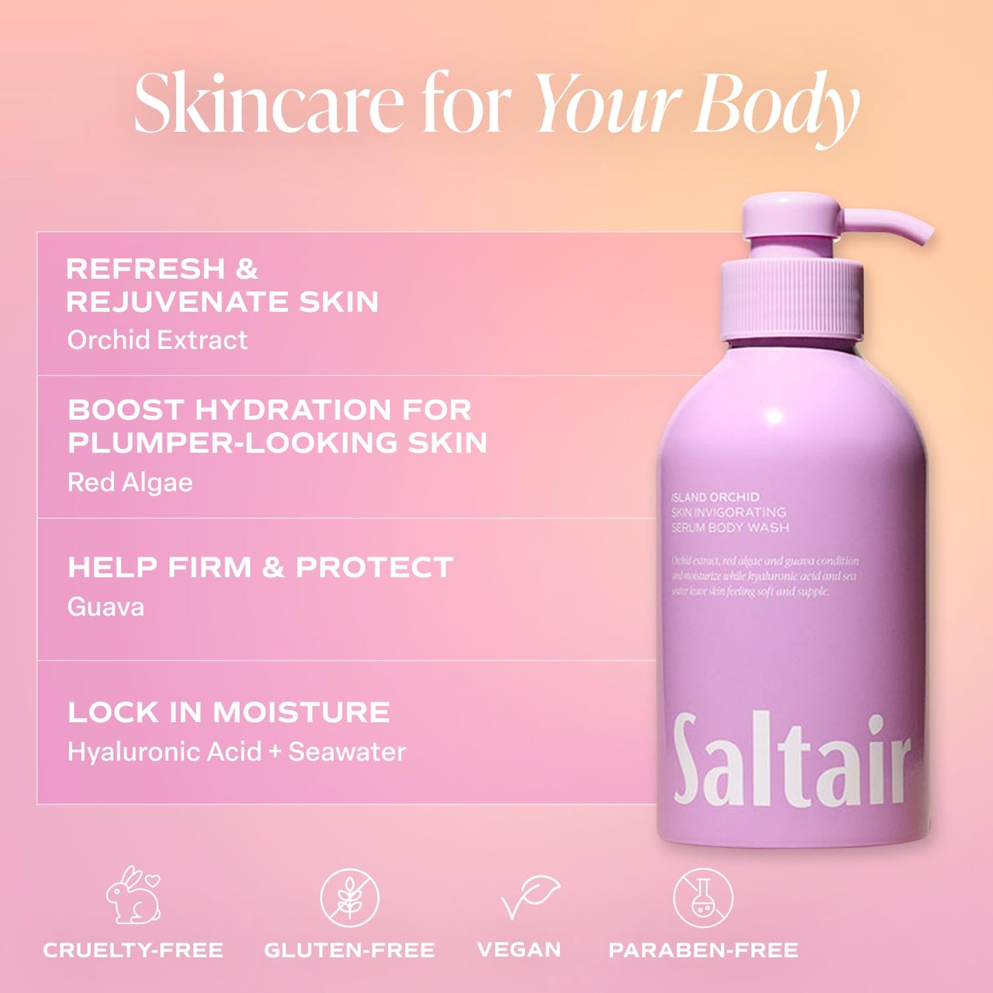Saltair Body Wash 2-Pack – Moisturizing Body Wash with Hyaluronic Acid & Orchid Extract – Scented Shower Gel for Women and Men – Island Orchid Scent, 2x 17oz – Vegan, Cruelty-Free, Paraben-Free