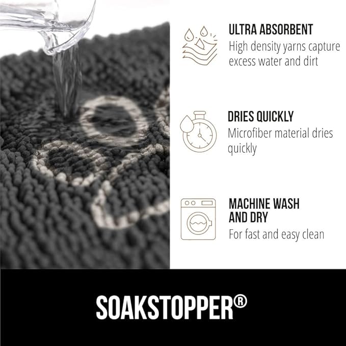 GORILLA GRIP SoakSTOPPER Dog Door Mat, Machine Washable Rug Absorbent Doormat Captures Moisture Mud Dirt, Quick Dry Soft Chenille Entryway Rugs Indoor Entrance Mats for Dog Paws, 24x17 Charcoal