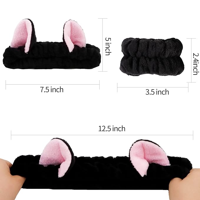 WHAVEL 3PCS Spa Headband and Wristband Set, Cute Cat Ears Headband for Washing Face Makeup Head band(Black)