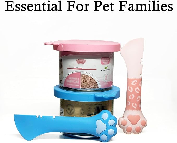 SJANE Cat Food Can Spoons & Can Lids | 4 Pcs | Colorful Multi-Function Cute Paw Shape Opener | Universal Silicone Pet Food Covers | Wet Food Spatula for Kittens and Dogs(Pink+Blue)