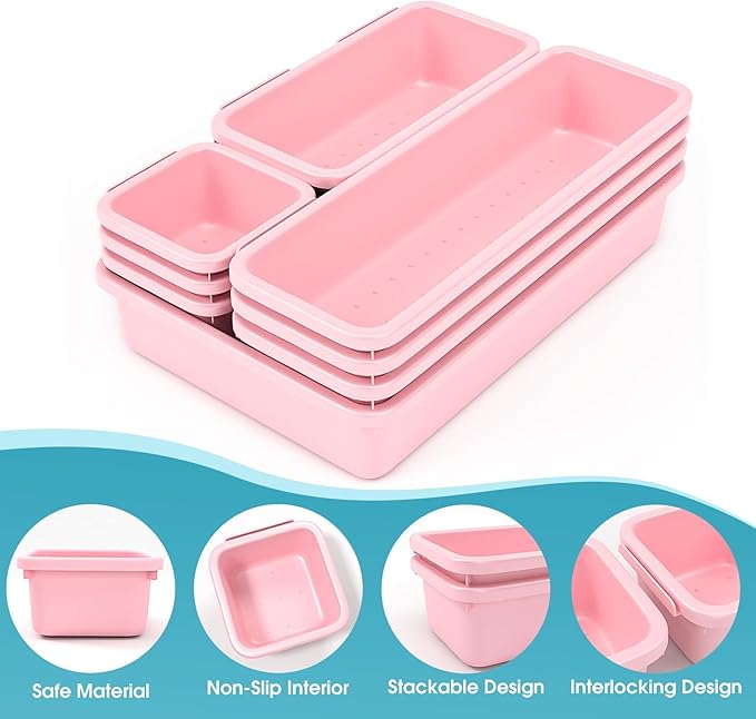 10 PCS Drawer Organizer Set, 4 Size Makeup Drawer Divider Organizer With Non-Slip Pads, Interlocking Plastic Storage Bins for Office,Jewelry Vanity,Gadgets, Bathroom,Kitchen, Pink