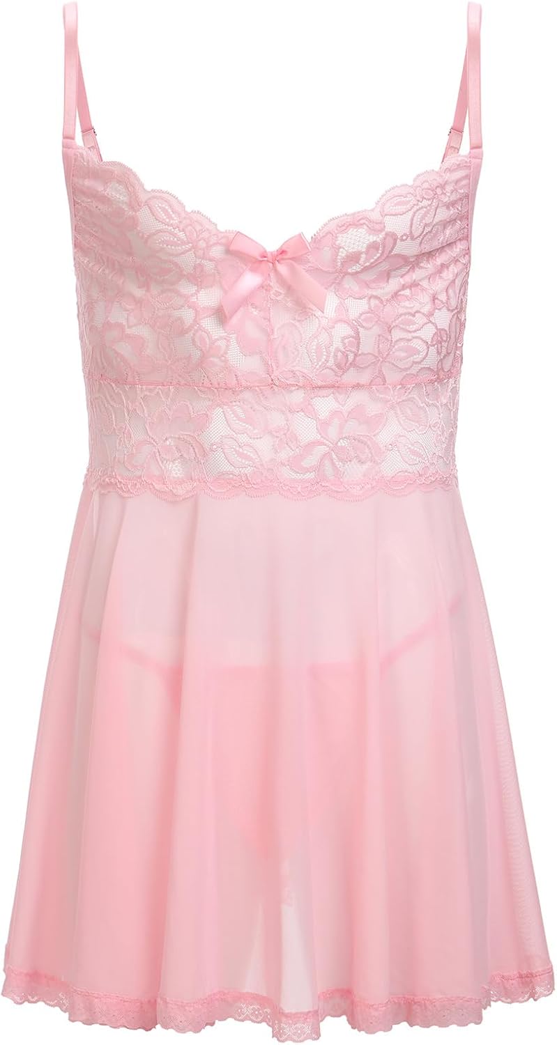 ABAFIP Men's Sissy Lingerie Crossdressing Nightwear Sheer Lace Mesh Nightdress Ruffle V-Neck Nightgown