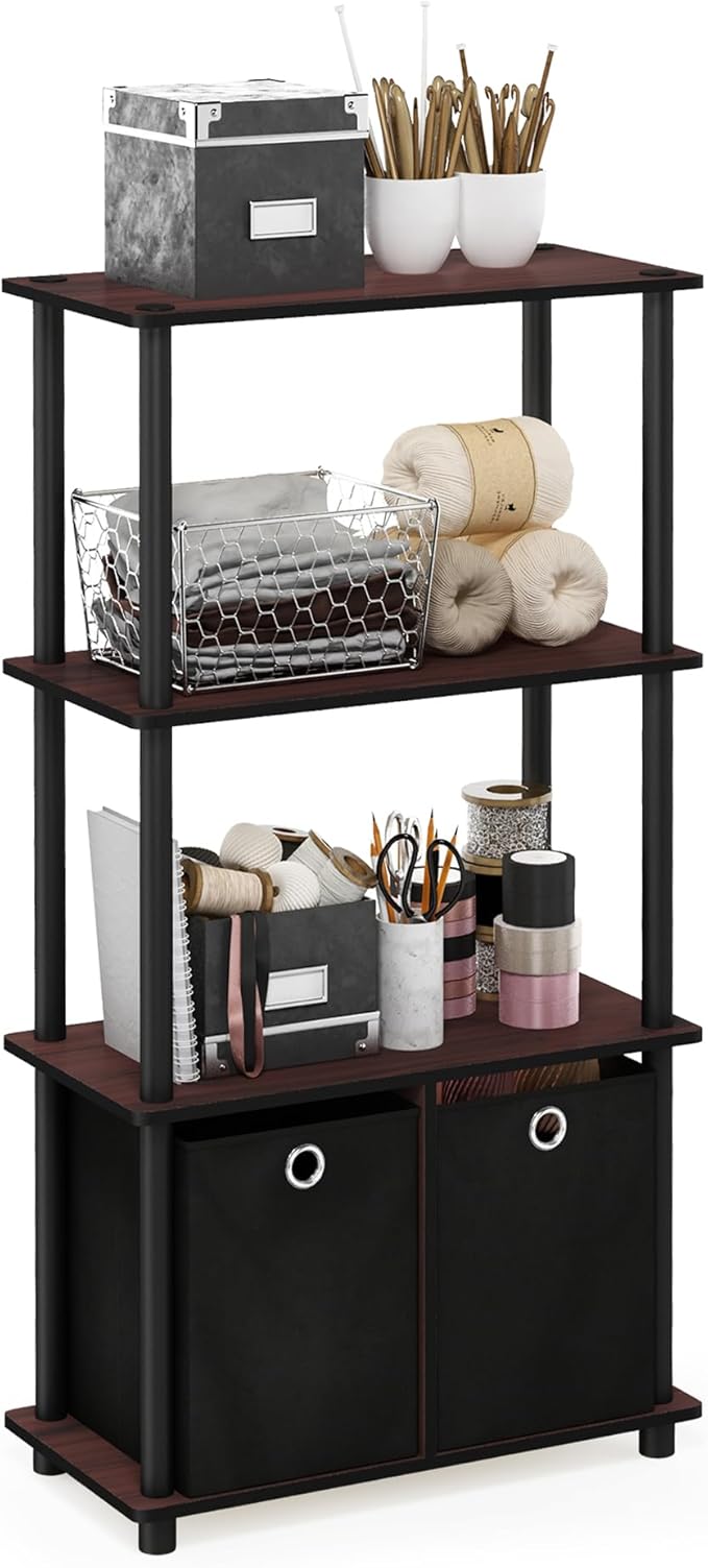 Furinno GO GREEN Storage Shelf Set of 2, 4-Tier Storage Rack with Bins, Book Shelf, Display Rack, with Storage Bins, for Organization and Storage, Living Room, Home Office, Dark Cherry