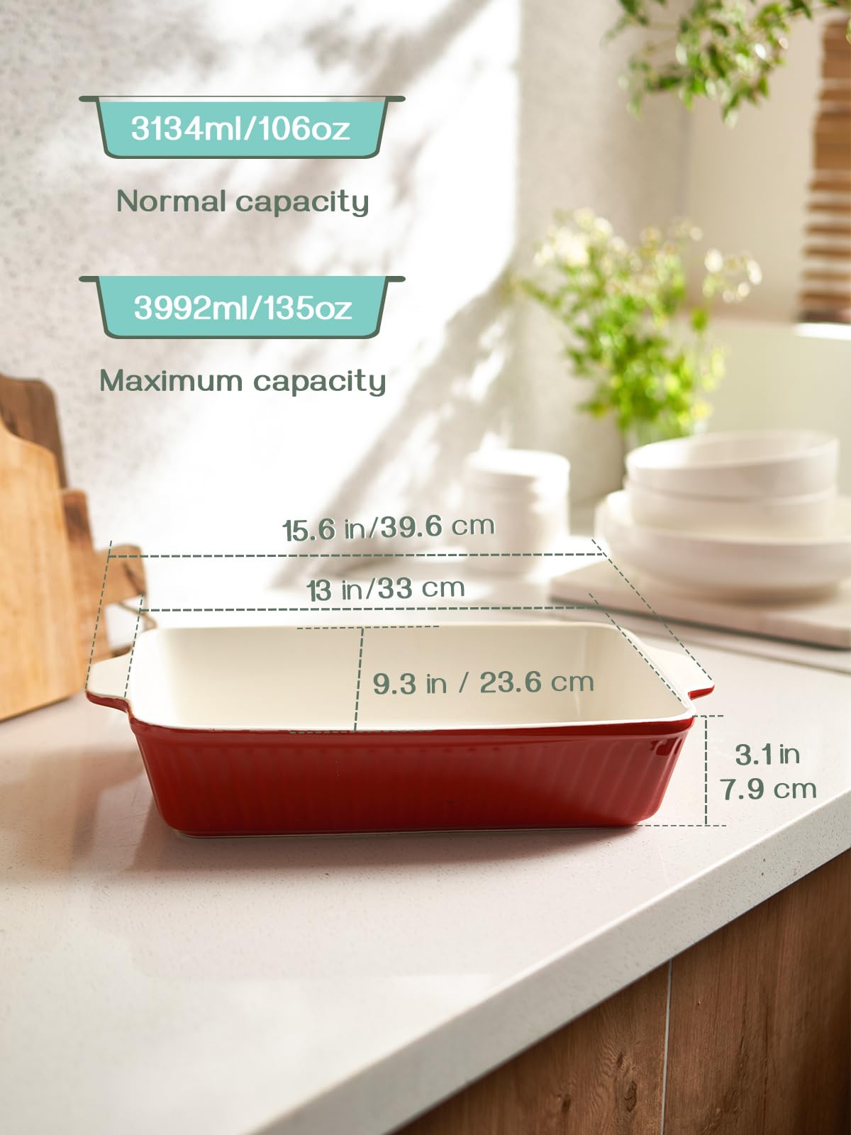 DOWAN 9x13-inch Deep Casserole Baking Dish for Lasagna, 135 oz Ceramic Pan with Handles, Oven Safe for Baking and Home Decor, Red