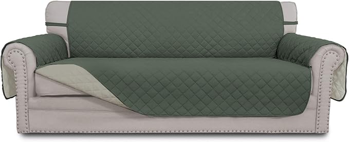Easy-Going Reversible Couch Cover for 3 Cushion Couch Sofa Cover for Dogs Water Resistant Furniture Protector Cover with Foam Sticks Elastic Straps for Pet Cat (Sofa, Greyish Green/Beige)