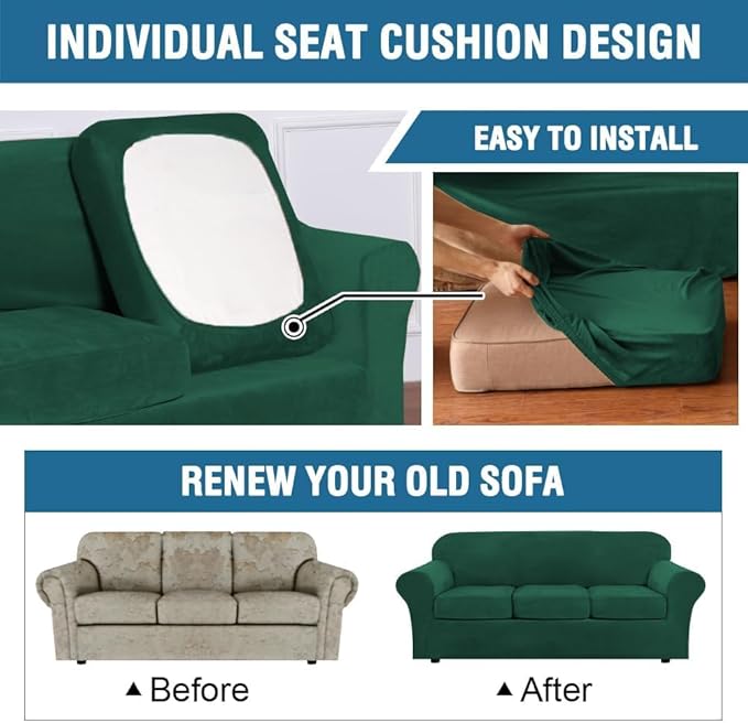 H.VERSAILTEX High Stretch Sofa Slipcover 4 Piece Cover Velvet Furniture Protector Form Fit Thick Velvet Extra Large Sofa Cover for 3 Cushion Couch Width Up to 97 Inch (Large Sofa, Green)