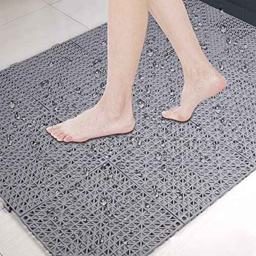 SOUJOY 12 Pieces Modular Interlocking Cushion, 11.6" x 11.6" Rubber Floor Tiles with Holes, Non-Slip Splicing Drainage Mat for Pool Shower Bathroom Kitchen Patio Balcony Yard Pet Area