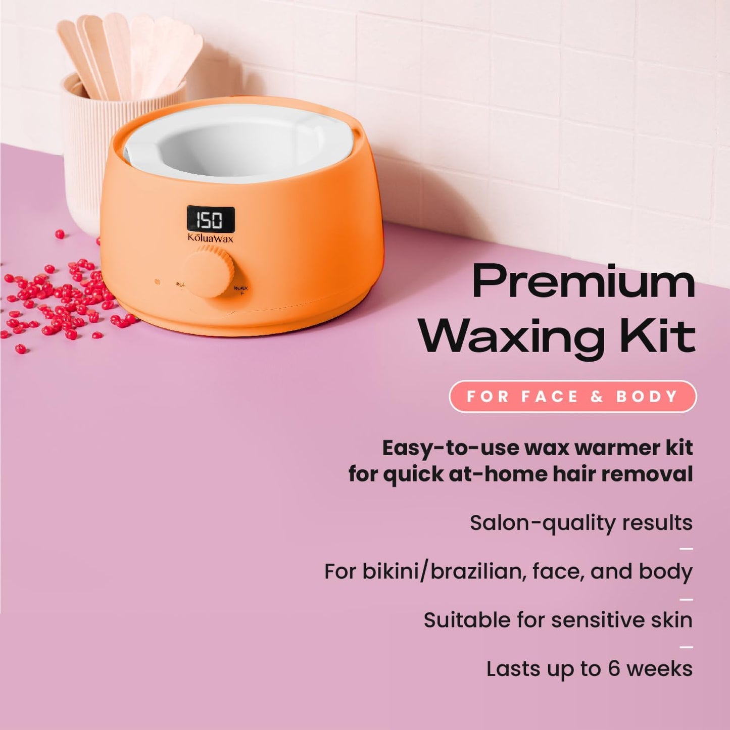 KoluaWax Premium Waxing Kit for Women - Beginner Friendly - Complete Wax Kit that includes 14oz of Wax Beads, Applicator, Pre and Post Care, Suitable for Sensitive Skin (Peach Fuzz)