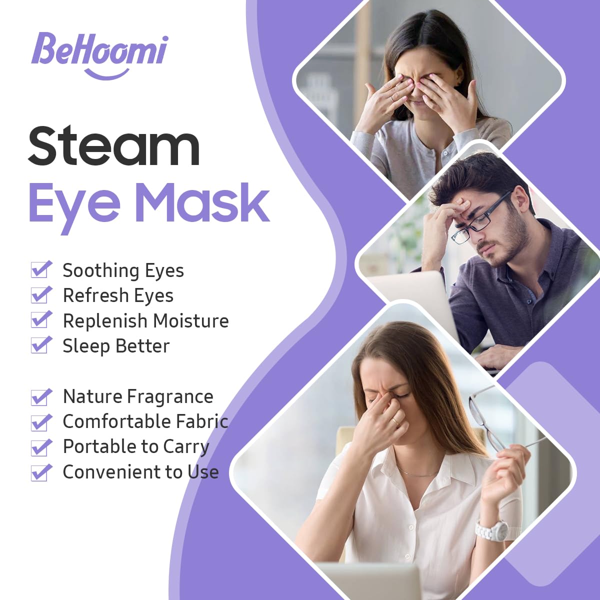 BeHoomi 20Packs Steam Eye Mask, Heated Eye Mask Warm Compress for Eyes, Disposable Self Heating Steam Mask for Sleep, Spa, Travel Essentials, Relaxation Gifts for Women, Mothers Day Gifts (Lavender)