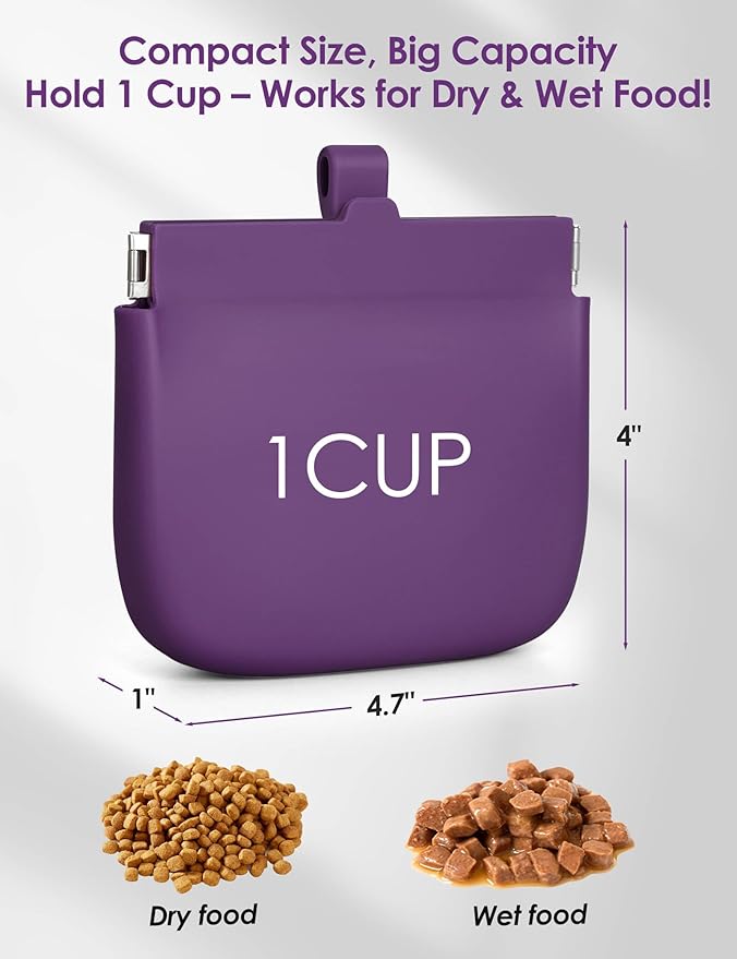RBibei【One-Hand Access Silicone Dog Treat Pouch, Small Pocket Sized Training Pouch with Pull Tab & Auto Closing Lid for Easy Pet Training & Walking (Purple)