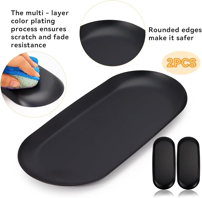 2PACK Black Decorative Tray,Oval Stainless Steel Trays, Decorative Tray for Jewelry Dish Cosmetics Organizer Bathroom Clutter Serving Platter (Black, 7 in)