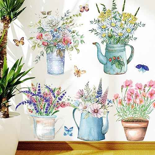 Wall Decals, Butterfly and Flower Pots Pattern, Floral Theme Stickers