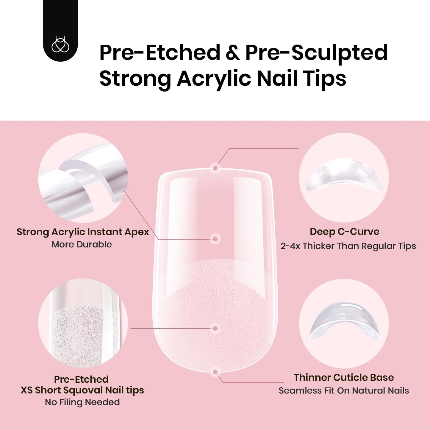 Beetles Tipex Instant Apex Nail Tips, Squoval XS Short Acrylic Nail Tips, Pre-Etched Pre-Building Strong Thick Long Lasting,16 Sizes,512 Pieces