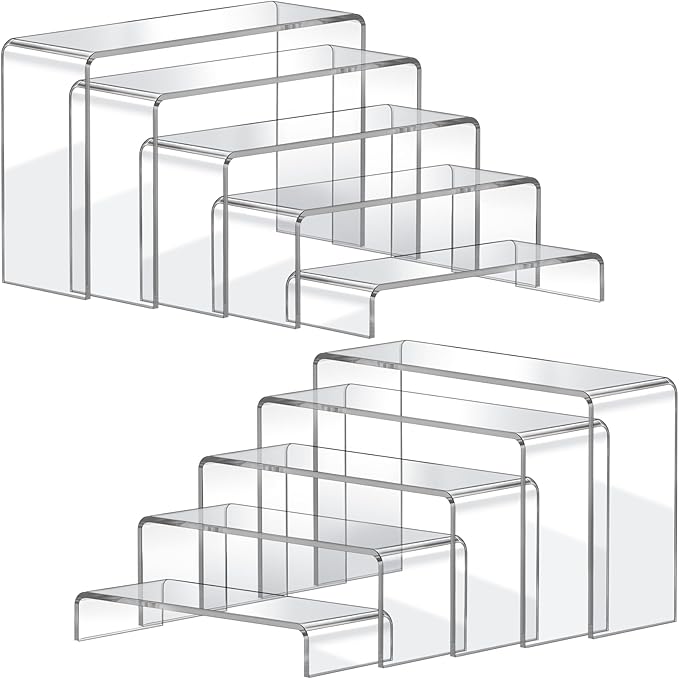 FUNFERY Acrylic Display Risers, 2 Set(7.8" L~8.2" L~8.6" L~9Ã¢ÂÂL~9.3Ã¢ÂÂL) Display Shelf for Figure, Collectibles, Cupcake, 5-Tier Clear Acrylic Stands for Dessert, Jewelry, Candy Showcase