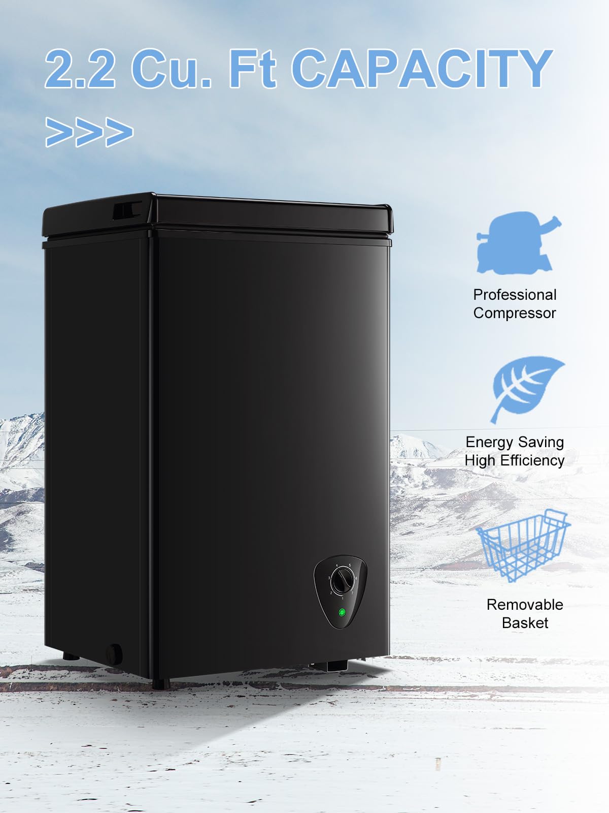 Chest Freezer Small Deep Freezer Black 2.2 Cu.Ft Free-Standing 7 Temperature Control and Removable Basket Open Deep Freezer Energy Saving Apartment Kitchen
