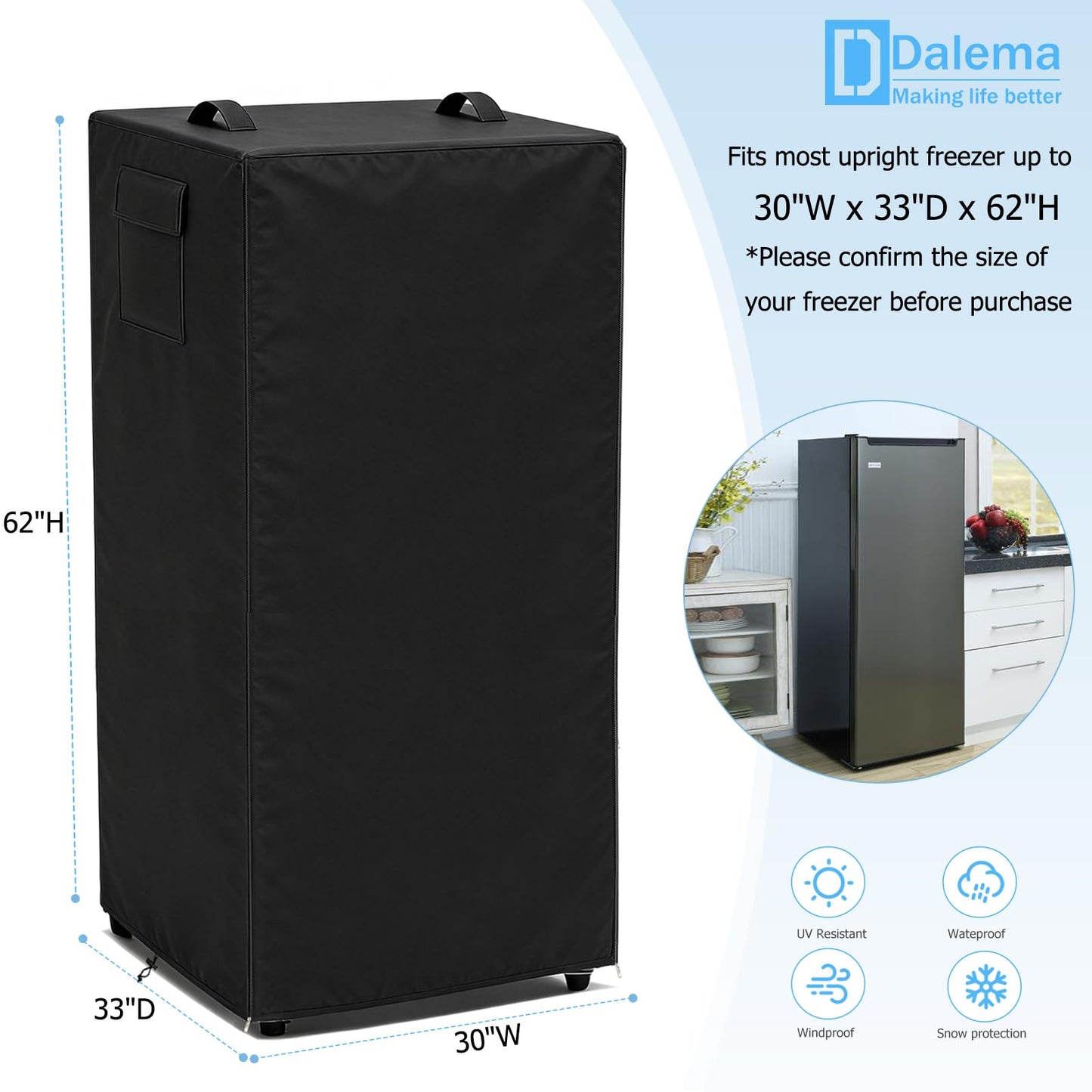 Dalema Outdoor Refrigerator Cover,600D Heavy Duty 100% Waterproof Upright Freezer Cover,Outside Stand Up Fridge Covers.Front Can Be Rolled-Up by Zippers.(Black,30" W x 33" D x 62" H)