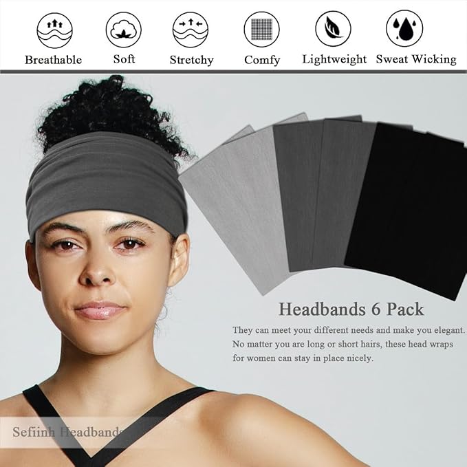 Sefiinh Wide Headbands For Women Stretch Headband Boho Head Bands Women's Hair Band Turban Workout Hairband Accessories Black Gray 6 Pack