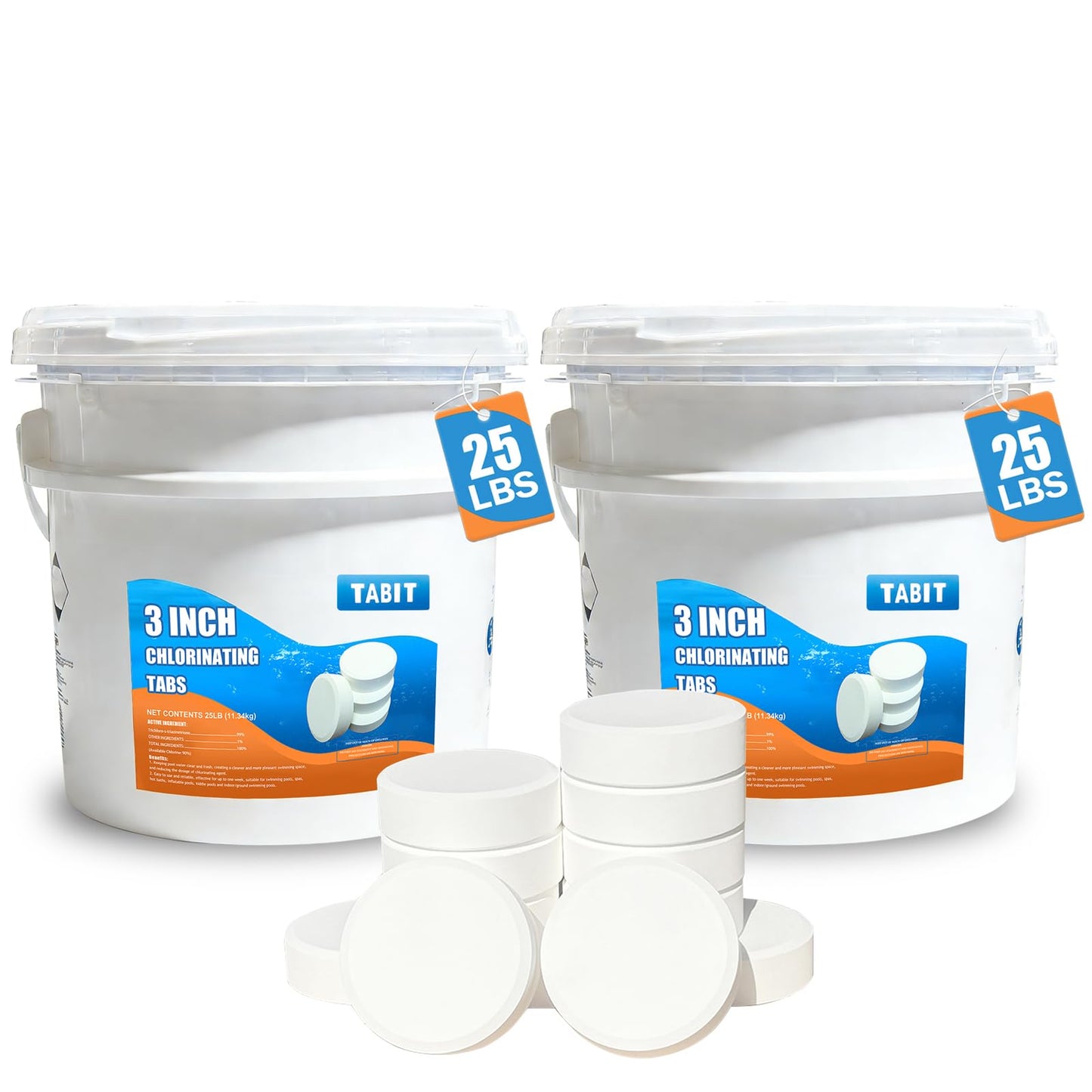 TABIT 50 lbs Chlorine Tablets 3 Inch for Swimming Pools – Slow Dissolving & Long Lasting – 99% Available Chlorine Tri-Chlor – Kills Bacteria & Stops Algae – 2 x 25 lb Buckets