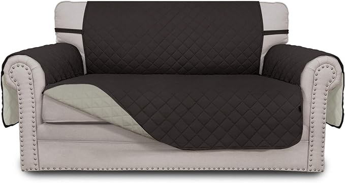 Easy-Going Reversible Loveseat Couch Cover for 2 Cushion Couch Sofa Cover for Dogs Water Resistant Furniture Protector with Foam Sticks Elastic Straps for Pet (Loveseat, Chocolate/Beige)